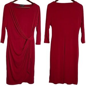Catherine Malandrino Red Midi Dress Boat Neck Modest Draped Faux Wrap Large L